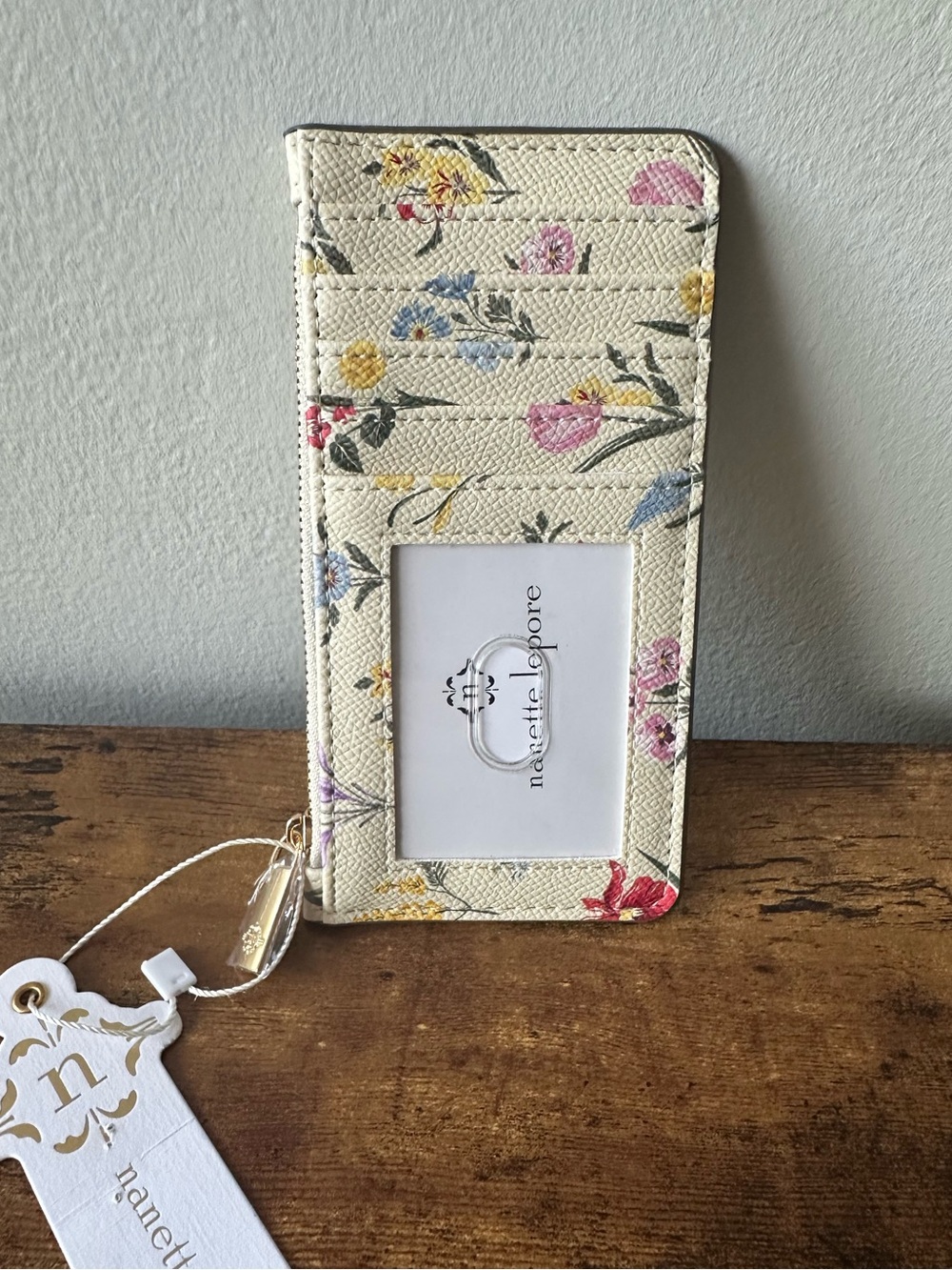 Nanette Lepore Cream Floral Cardholder Wallet with ID Window & Zip Pocket NWT
